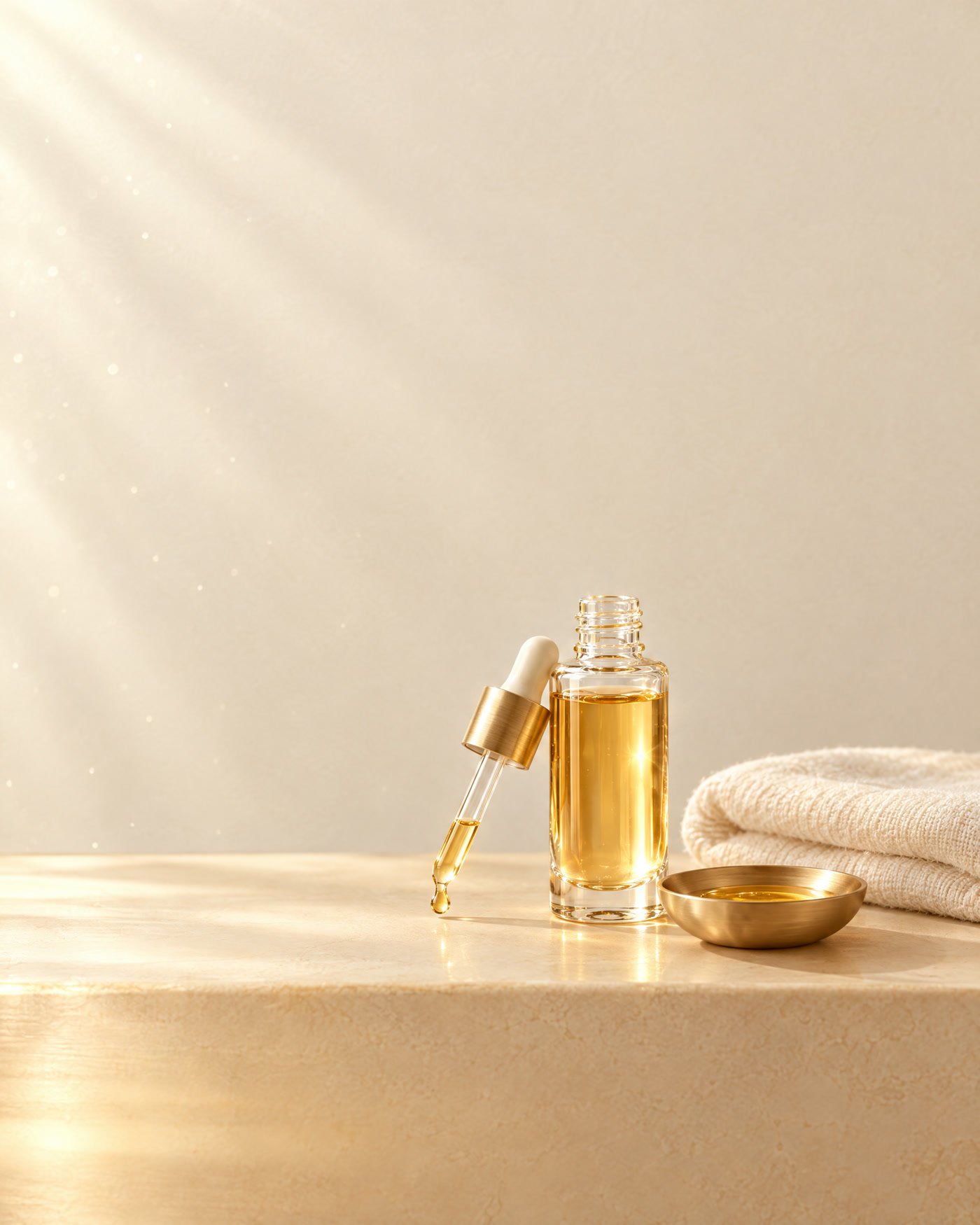 A glass dropper bottle of golden serum, a folded cream towel and a small brass dish in soft morning light.